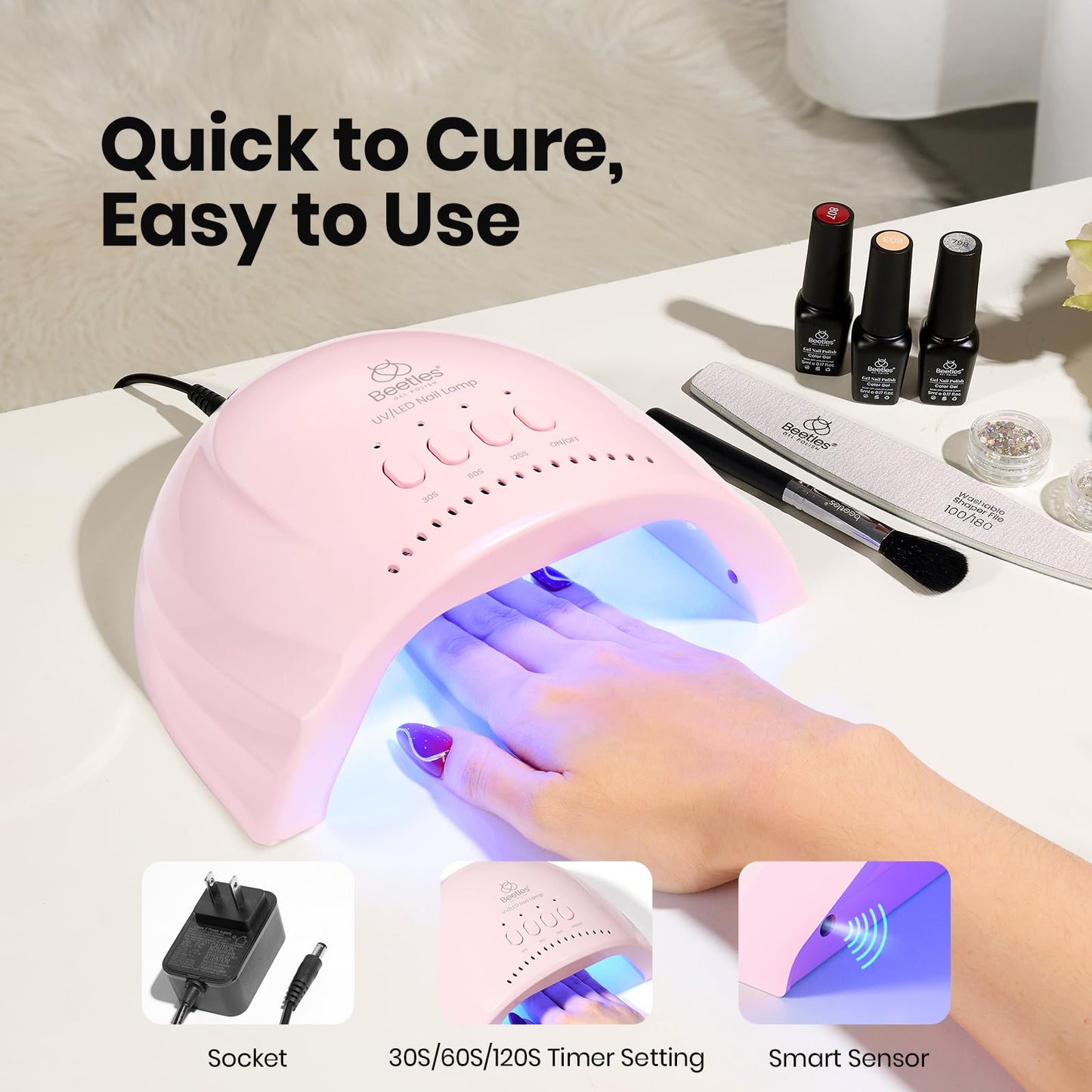 Beetles UV Nail Lamp - LED Nail Lamp with 3 Timer 30/60/120s UV Light for Gel Nails Smart Sensor Nails Dryer for Fast Curing Gel Polish Top Coat and Base Coat, DIY Salon Manicure Art Tools, Pink