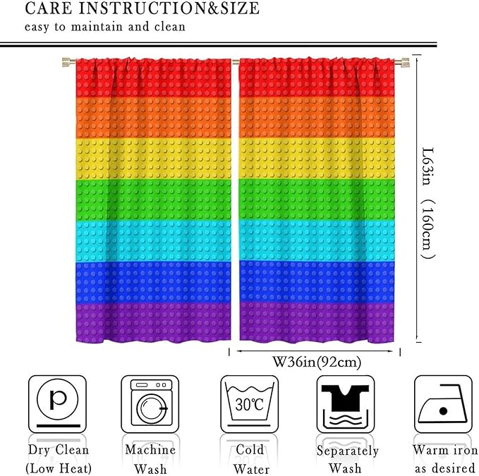 Colorful Building Block Toy Curtain Rod Pocket Children's Nursery Rainbow Contour Plastic Toy Brick Geometric Print Pattern Curtain Boys Girls Bedroom Playroom 2 Panels 72x63in