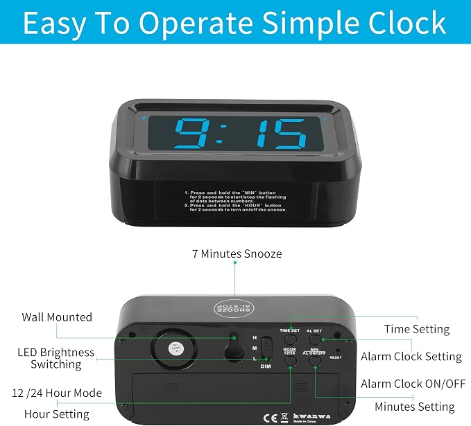 Alarm Clock,1.2'' LED,Cordless,Battery Powered,Snooze,Table-top/Wall-mount