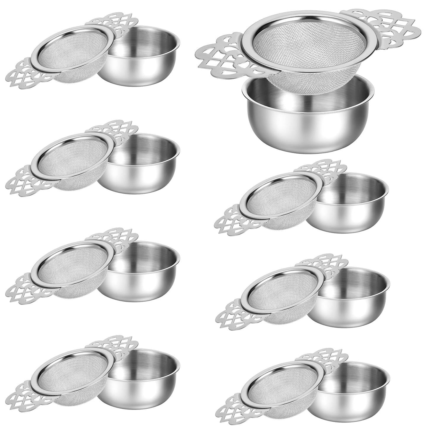 Oqqlin 8 Pcs Mesh Tea Filter Strainers, 304 Stainless Steel Loose Tea Infuser Strainer with Petal Handles and Drip Bowl for Juice Coffee Filter, Sliver, 2.5 Inch