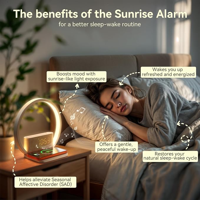 Vivilumens Sunrise Alarm Clock Wireless Charger, 10 White Noise Sound Machine Alarm Clock with 30/60/90 Mins Timer, 3 Levels Touch Night Light Dual Clocks for Heavy Sleeper Bedroom Decor Gift for Her