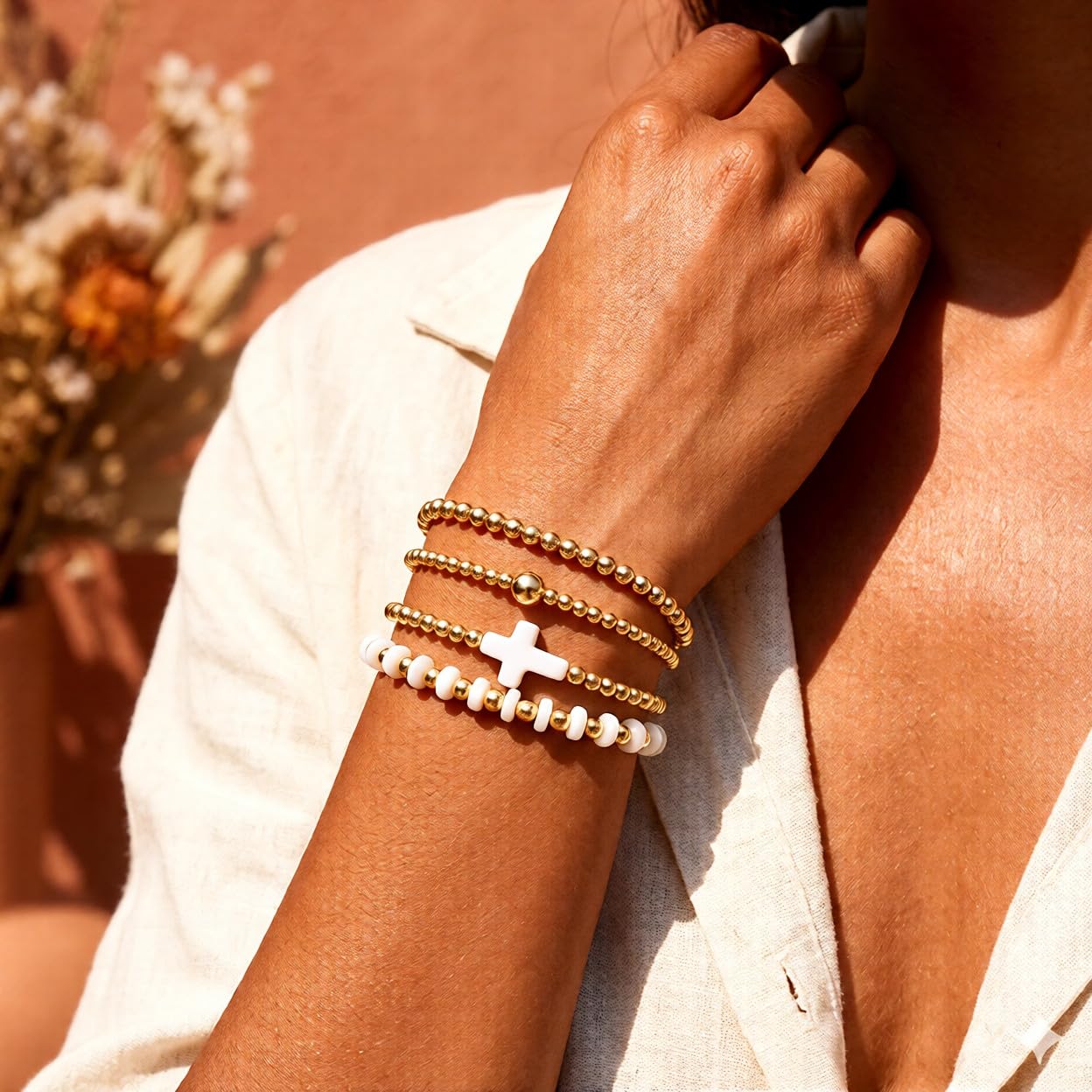Bohxantium Gold Beaded Bracelets for Women - Stackable Cross Bracelet Stretch Gold Beads Stack Handmade Boho Dainty Non Tarnish Religious Jewelry Trendy Summer Friendship Christian Gift for Women