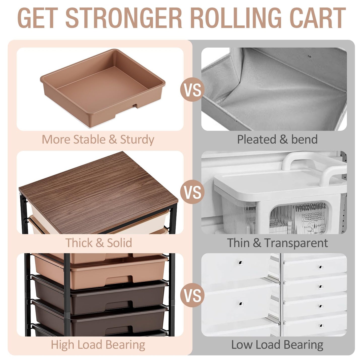 TOOLF Rolling Carts with Wheels, 8-Drawer Utility Cart, Wooden Tabletop Storage Cart for Office, Arts & Crafts, Classroom, Bedroom, Brown