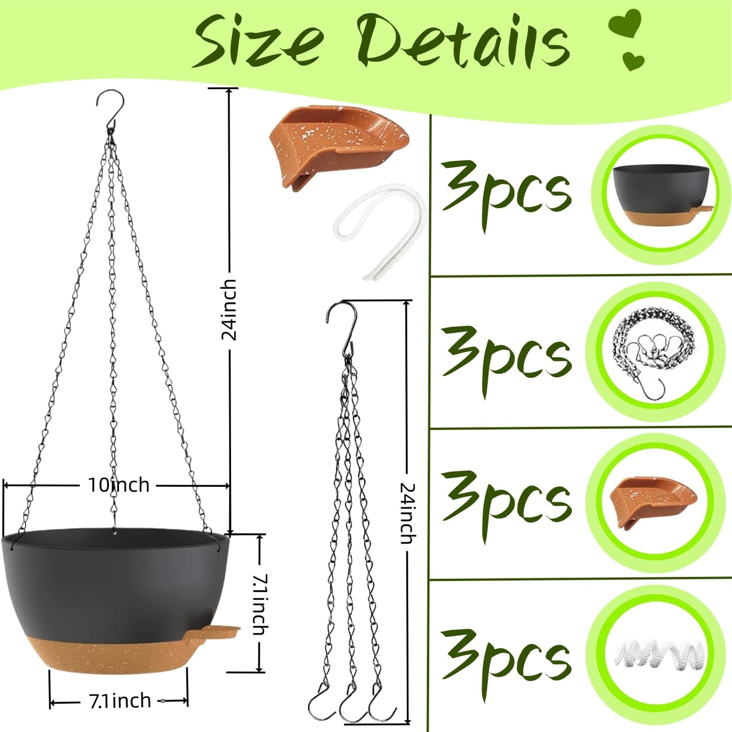 TESSTSY 3 Pack Hanging Planters for Indoor Outdoor Plants, 10 Inch Self Watering Hanging Pots for Plants, Plastic Hanging Flower Baskets for Plants Hanger with Drainage and Tray, Chain (Black Brown)
