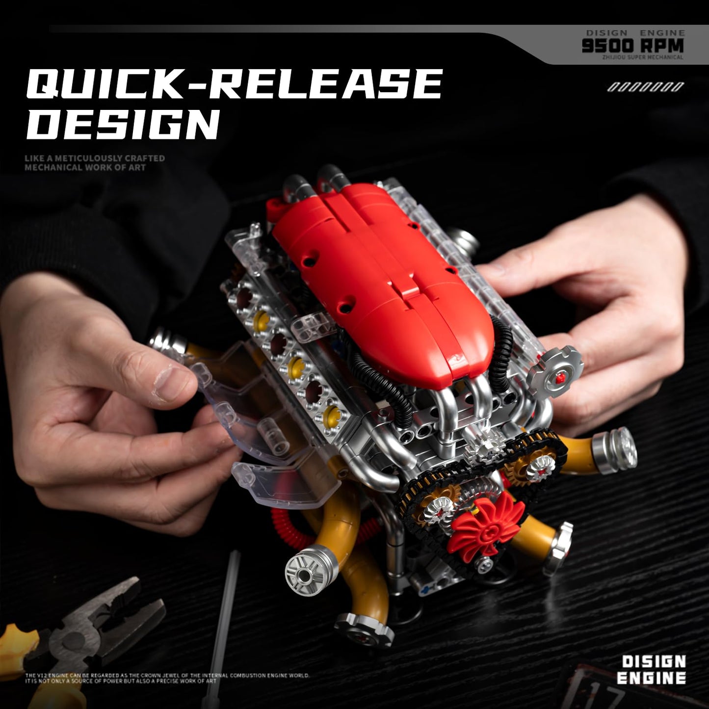 V12 Engine Model Kit that Runs, Build Your Own Visible Car Motor Building Set, 12-Cylinder with Rechargeable Motor, STEM Physical Science Experiment Toy for Adults & Teens Boys Age 10-14 (606 PCS)