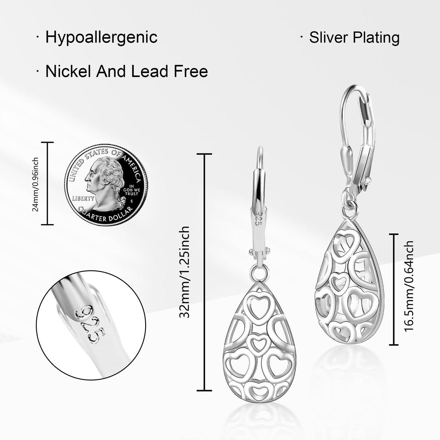 Sterling Silver Teardrop Earrings for Women Silver Dangle Leverback Earrings Hypoallergenic Filigree Tear Drop