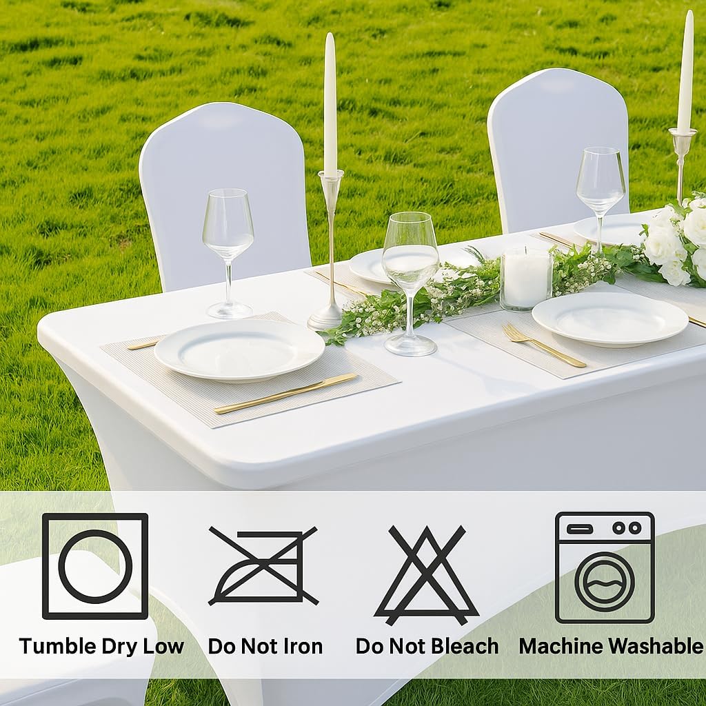 Craft And Party 6 Pack 6ft White Spandex Tablecloth – Fitted Stretch Cover – Universal Fit for Folding Tables – Wrinkle-Free, Washable – Ideal for Parties, Weddings, Events