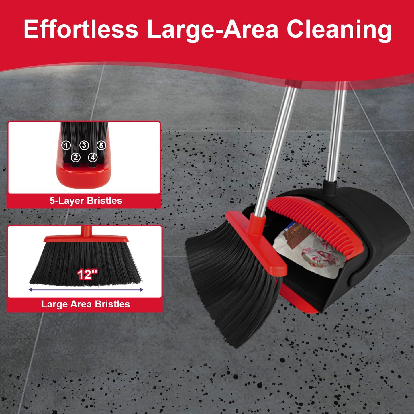 UDUK Broom with Dustpan Combo Set and Silicone Air Broom Kit, 51" Long Handle Floor Squeegee, Red Household Kit for Glass Window Rugs Pet Hair Home