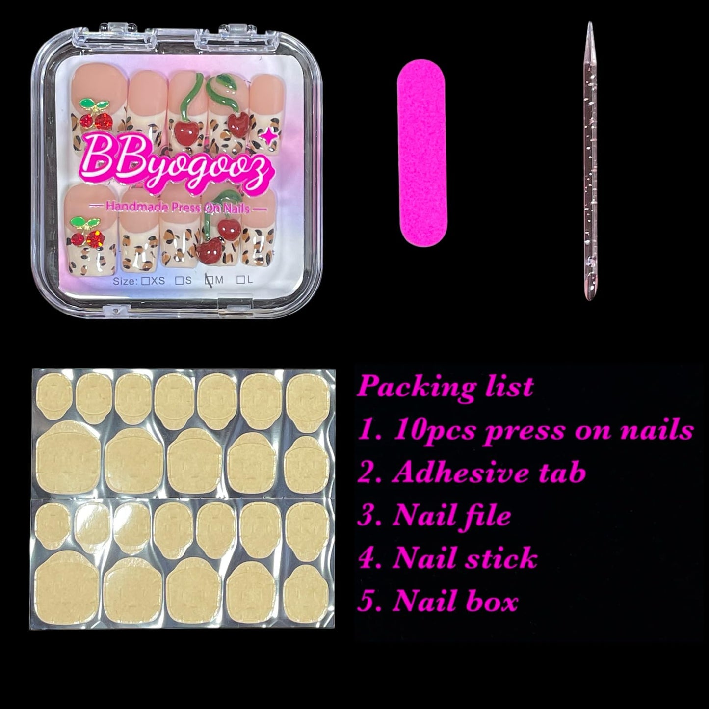 Handmade Press on Nails 3D Hand-scuplted Red Cherry Short/Medium Square False Nails | Leopard Print French Tips | Reusable Acrylic Fake Nails (Cherry Bouquet, S)