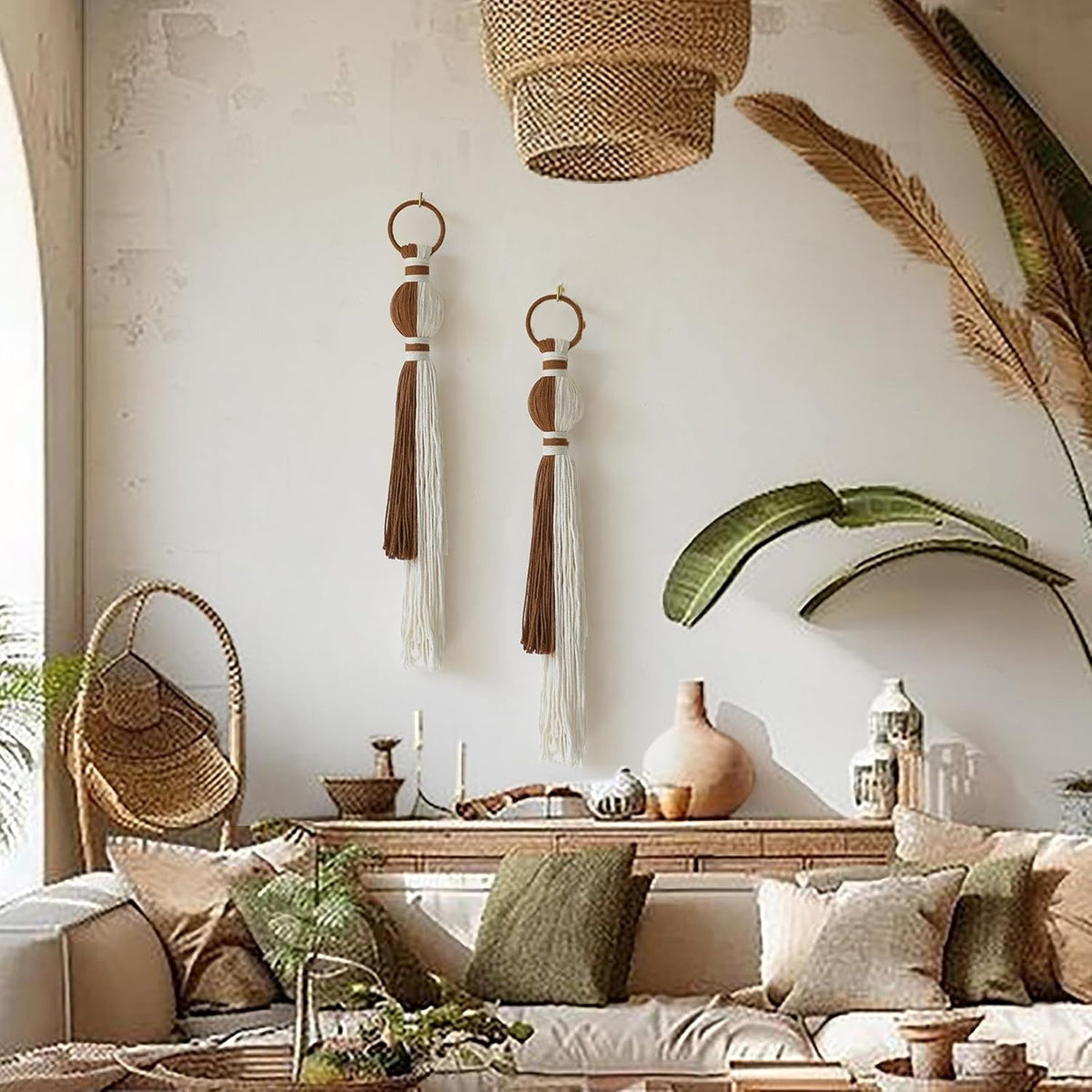 2Pcs Macrame Wall Hanging Boho Home Decor Fiber Art with Sphere Knots Tassels Handmade Yarn Art for Bedroom Living Room Office Entryway
