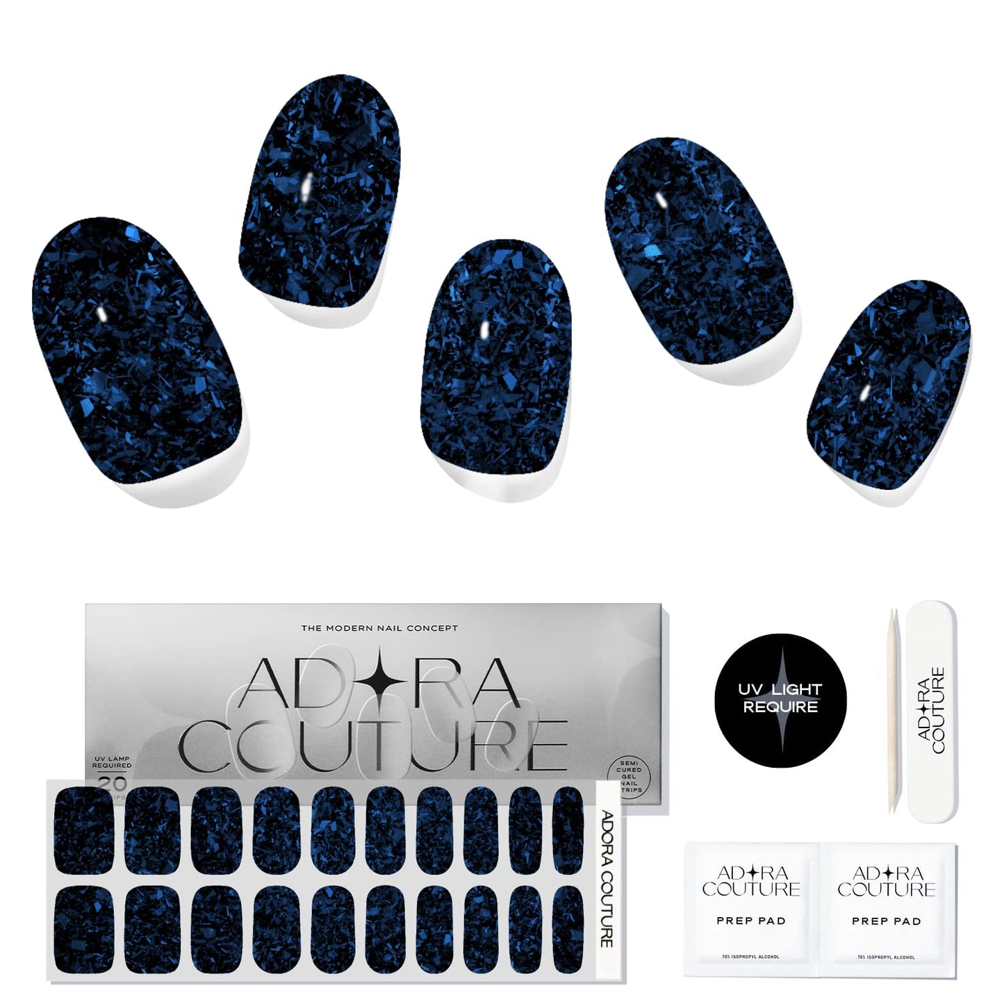 Semi Cured Gel Nail Strips with 20 Pieces–UV Gel Nail Stickers & Nail Wraps, Complete Manicure Kit Includes Prep Pads, Nail File and Wooden Stick, Easy Application, UV Light Required (Black Amethyst)