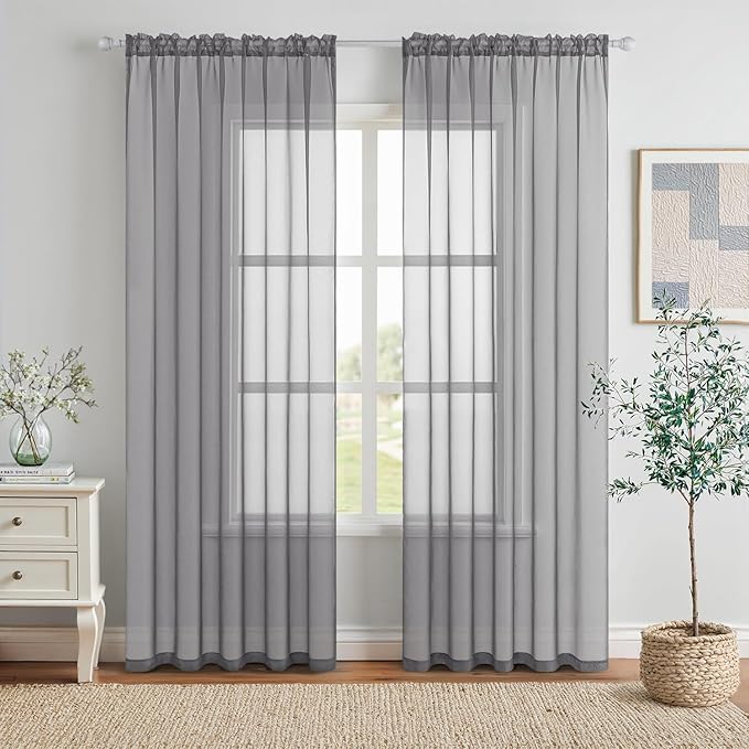 MIULEE 2 Panels Solid Color Sheer Window Curtains Elegant Window Voile Panels/Drapes/Treatment for Bedroom Living Room (54X54 Inches Charcoal Grey)