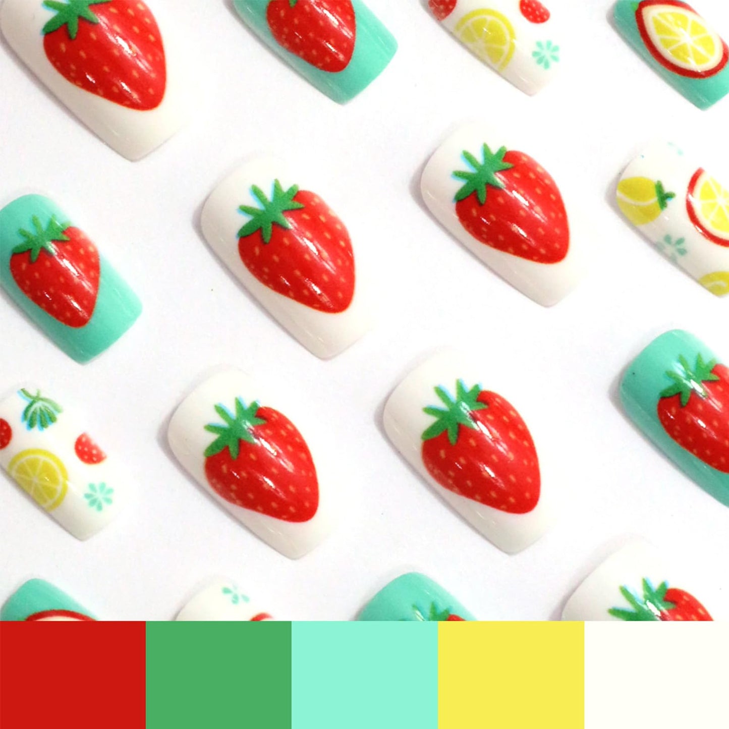 Summer Press on Nails Medium Square Fake Nails with Strawberry Lemon Designs Cute Acrylic False Nail Glossy Full Cover Stick on Nail Reusable Artificial Glue on Nails for Women 24Pcs