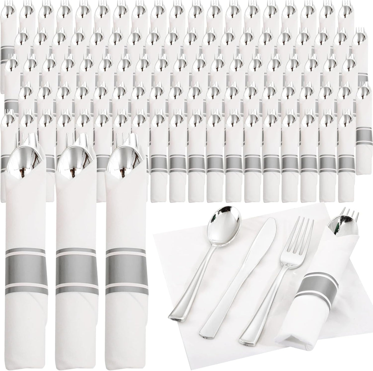Supernal 120pack Silver Plastic Silverware,Rolled Plastic Silverware,Pre Rolled Napkins with Cutlery Set,Wrapped Disposable Cutlery Set with Napkin Perfect for Christmas Thanksgiving Halloween Party
