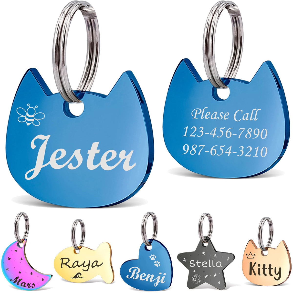 Anavia Small Size Dog Cat ID Tags, Small/XS Personalized Color Plated Stainless Steel Puppy Kitten Name Tags, Customized Engraved Nameplate Pet Collar Tag (Blue, Star)