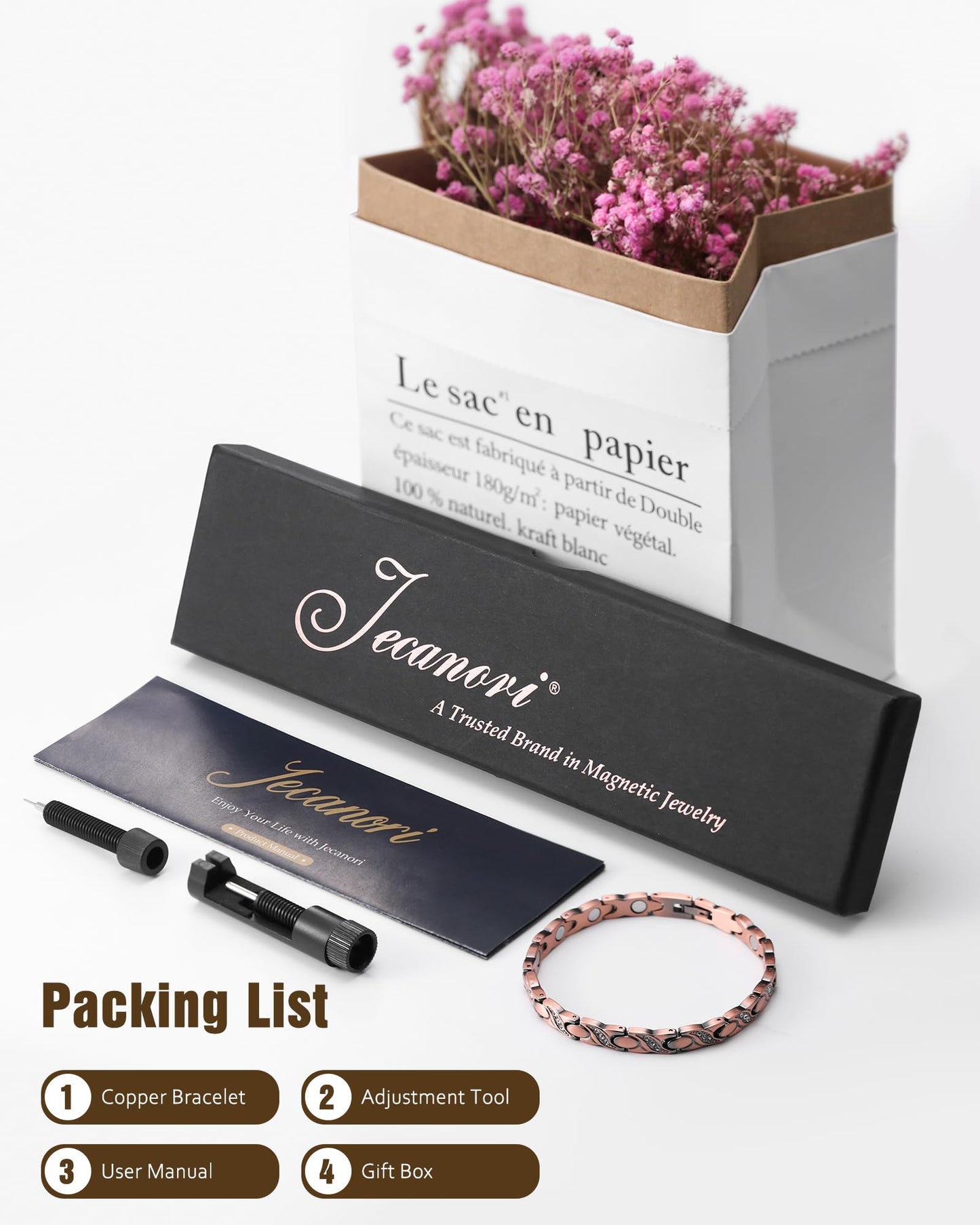 Jecanori Copper Magnetic Bracelets for Women, 99.99% Pure Copper Bracelets with Effective Neodymium Magnets, Adjustable Jewelry Gift with Sizing Tool