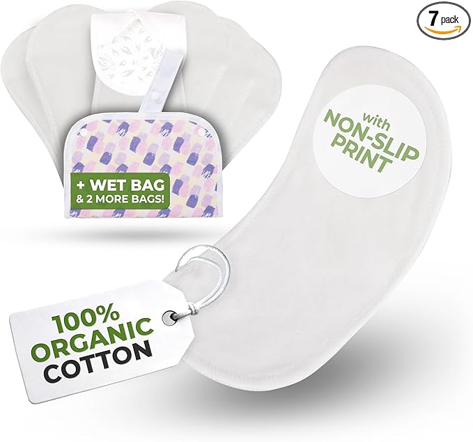 Non-Slip Organic Reusable Panty Liners for Women & Teens (Small, 7-Pack); High-Temp Washable Cotton Cloth Liners; Stay Fresh & Dry, for Daily Vaginal Discharge Only; 100% Breathable (no PUL/TPU)