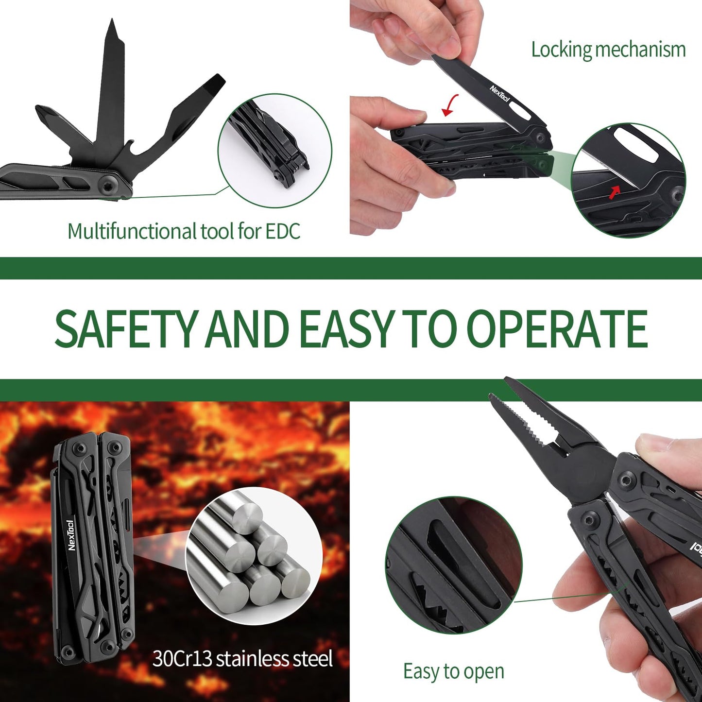 NexTool Multitool, 11 in 1 Multi Tool with Needle Nose Pliers, Scissors and Screwdriver Bits, Stainless Steel Multi Tool Pocket Knife with Safety Locking for Camping,Fishing,Hiking, Mens Gifts Unique
