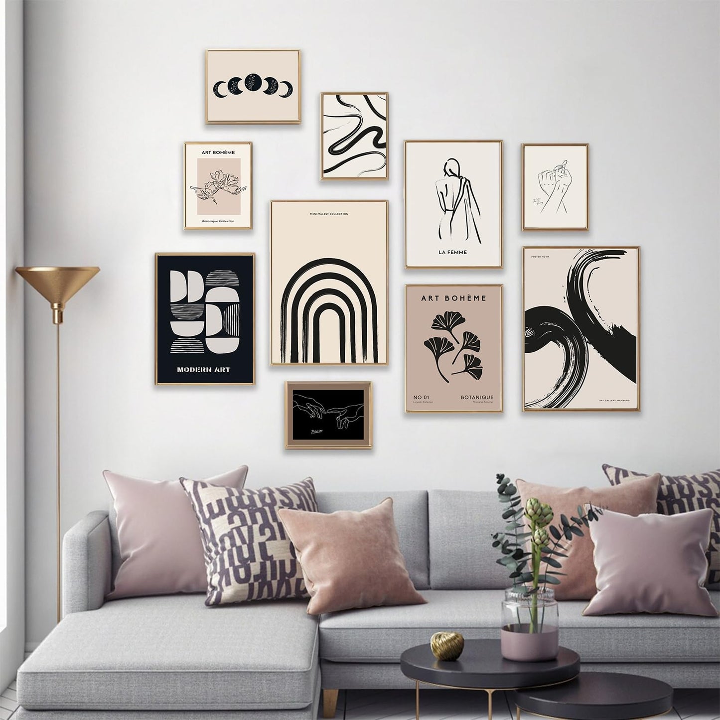 KBKBART Minimalist Boho Wall Art Prints, 10 PCs Abstract Neutral Black Beige Women Body Line Flower Canvas Art, Eclectic Home Decor for Room