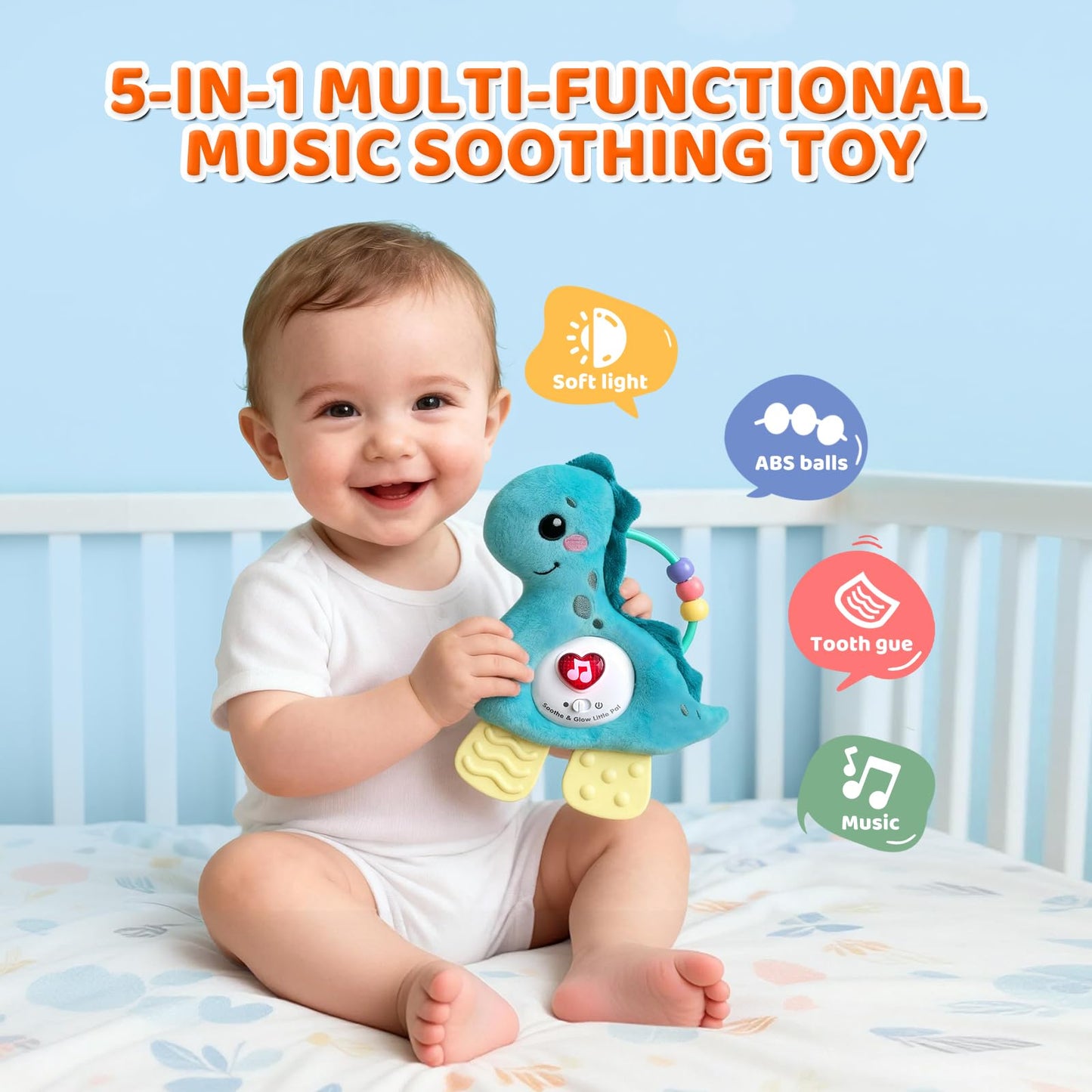 PLSFSS Baby Musical Activity Soft Toys with Sound & Light, Sensory Toys for Infant Developmental with Teether, Rattle and Textures, Soft Plush Toy for Newborn Gift 6 to 12 Months (Blue Dinosaur)
