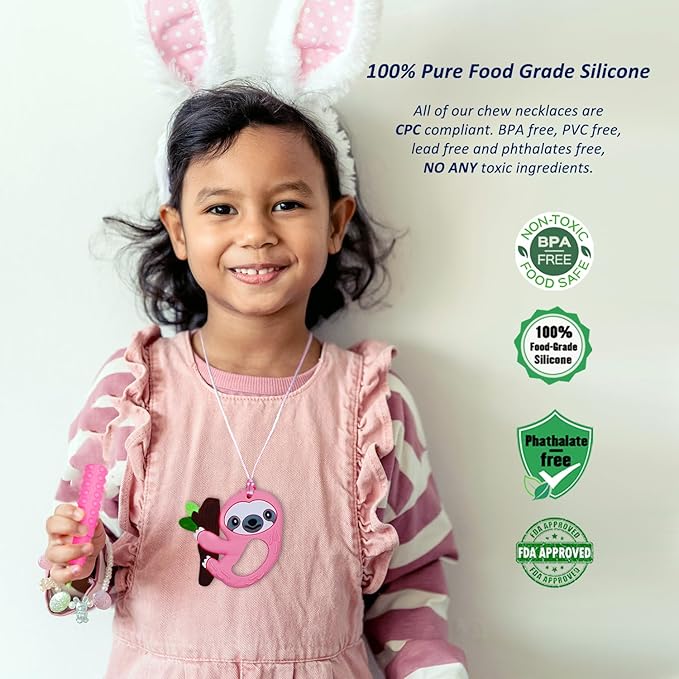 Chew Necklaces Sensory Stim Toys for Kids - 6 Pack, Silicone Chewy Necklaces for Girls Boys Teens Adults with Autism Anxiety ADHD SPD or Other Sensory Needs - Pink