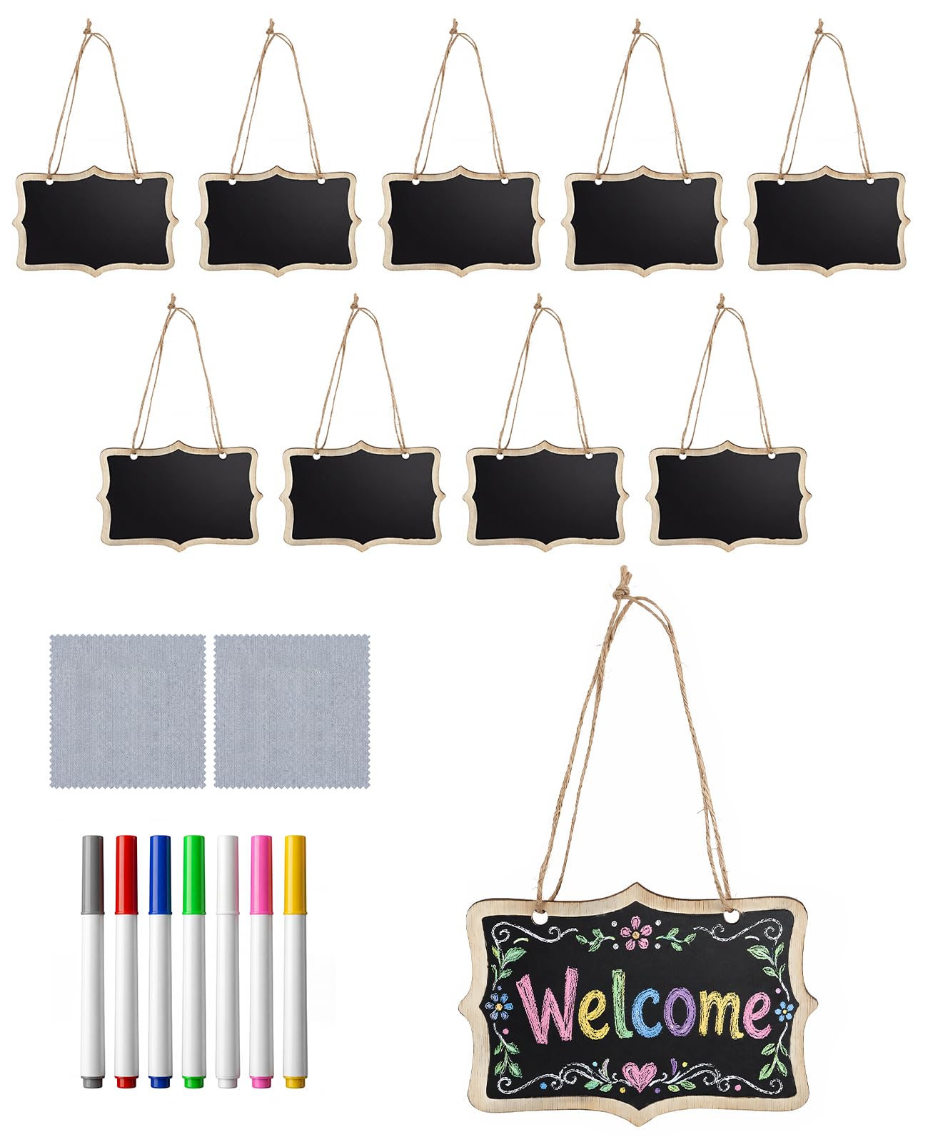Gaahkai 10 PCS Large Hanging Chalkboard Signs, 9"x6" Reusable Double Sided Wooden Chalk Board for Wedding Kitchen & Party