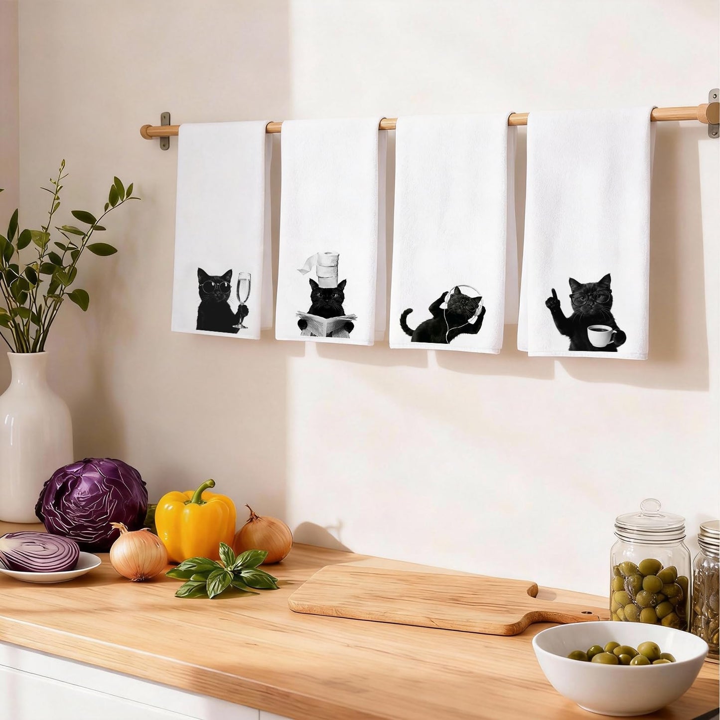 Fakindiy 4-Packs Funny Black Cat Kitchen Towels - 16x24 Inch Microfiber Dish Towels, Super Absorbent & Quick Drying Towels for Kitchen Coffee Bar,Gift for Cat Lovers Women Mom (Black Cat)