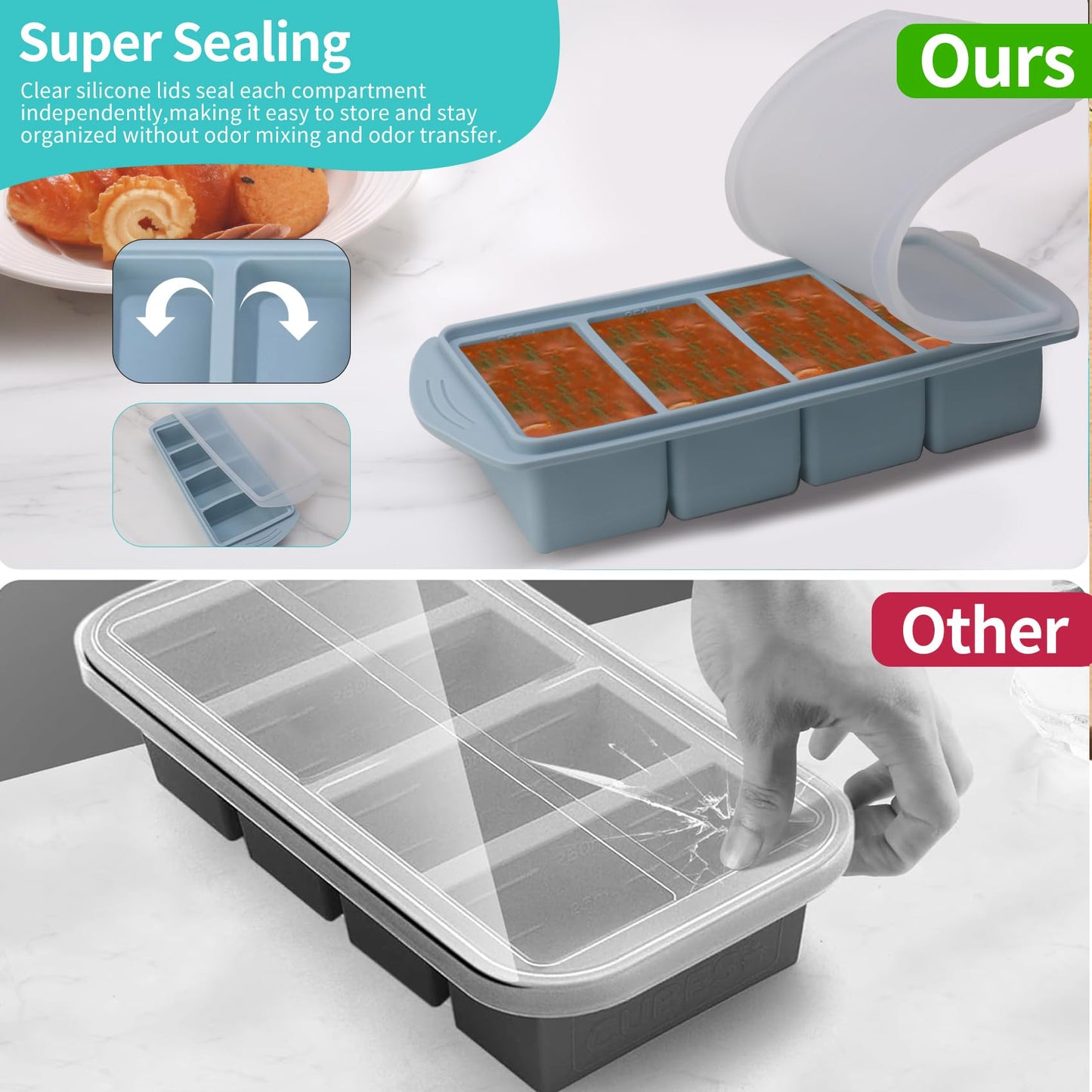 witice Silicone Freezer Molds Gift Set with 1 Tbsp,2 Tbsp, 1, and 2 Cup Silicone Freezer Trays With Lids - Meal Prep and Kitchen Essentials Bundle - (Blue 4 Pack)