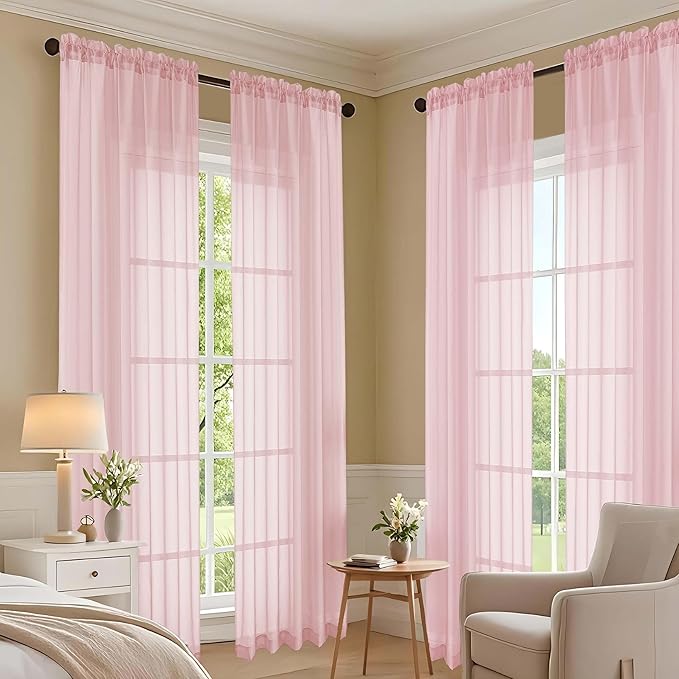 OVZME Blush Pink Sheer Curtains 84 Inches Long 2 Panels Set, Light Filtering Sheer Curtains for Living Room Bedroom 59 Inch Extra Wide, Modern Voile Filmy Rod Pocket Window Drapes, 59Wx84L Inches