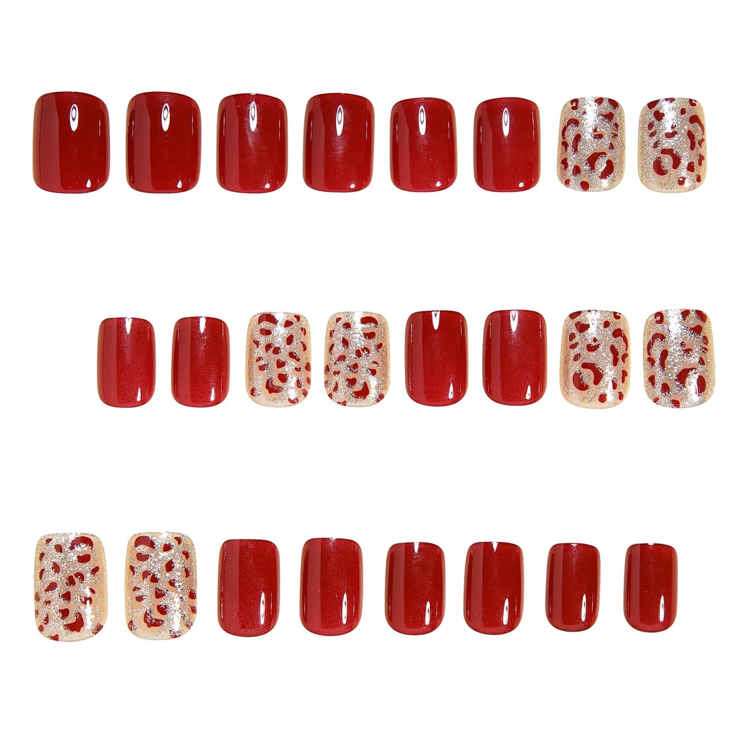Red Press on Nails Short Square CEWEWP Fake Nails Winter False Nail with Gold Glitter Red Leopard Print Designs Glossy Glue on Nail Full Cover Acrylic Nails for Women Girls 24Pcs