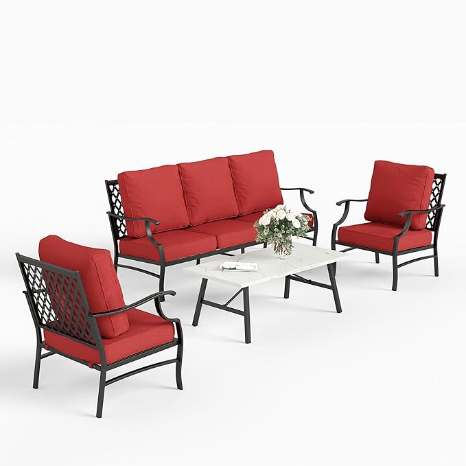4 Piece Metal Outdoor Patio Furniture Sets, Patio Conversation Sets 1 3-Seater Sofa, 2 Fixed Chair with 5.75" Extra Thick Cushion and Coffee Table, Black Frame Backyard Furniture, Red