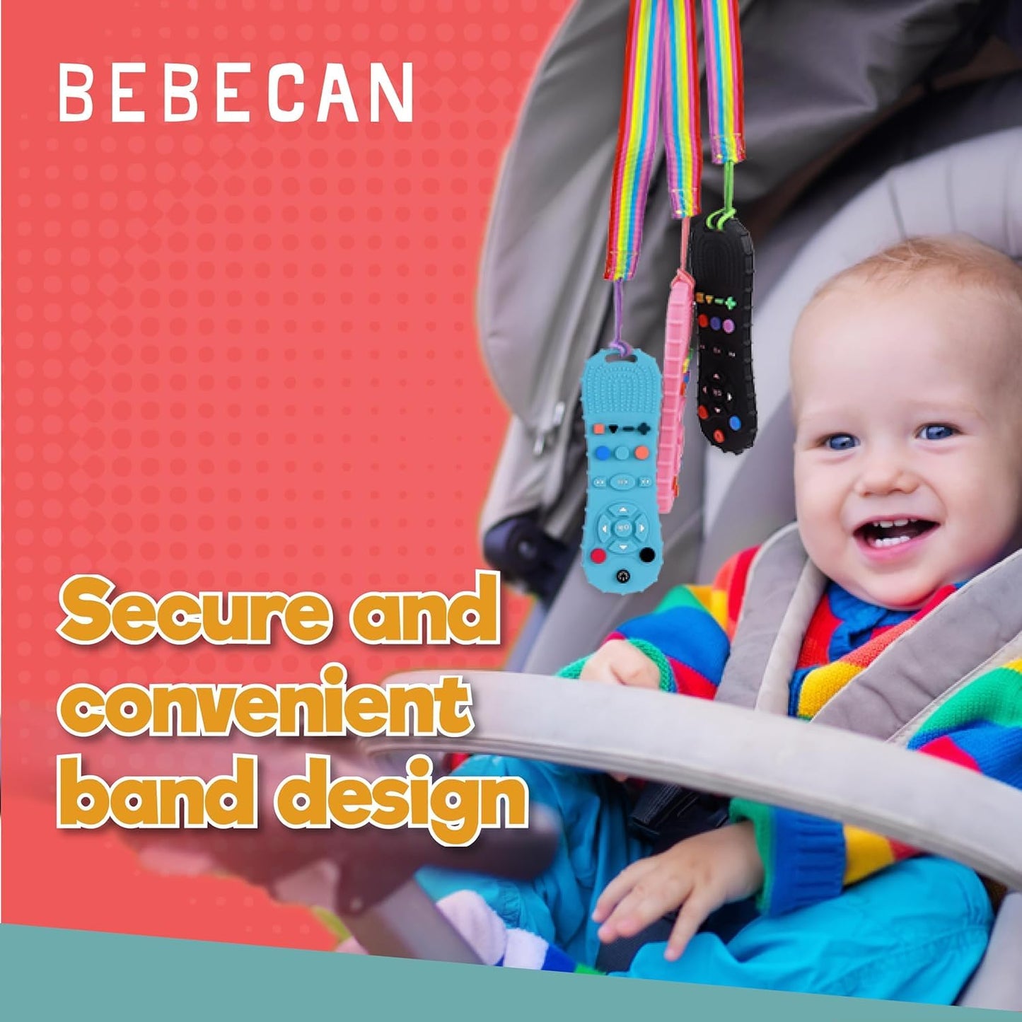 BEBECAN 3 Pack Silicone Baby Remote Teether Chew Toy for Infant TV Teething Remote Control Shape Play Remotes for Babies 3-24 Months (Black+Blue+Pink)