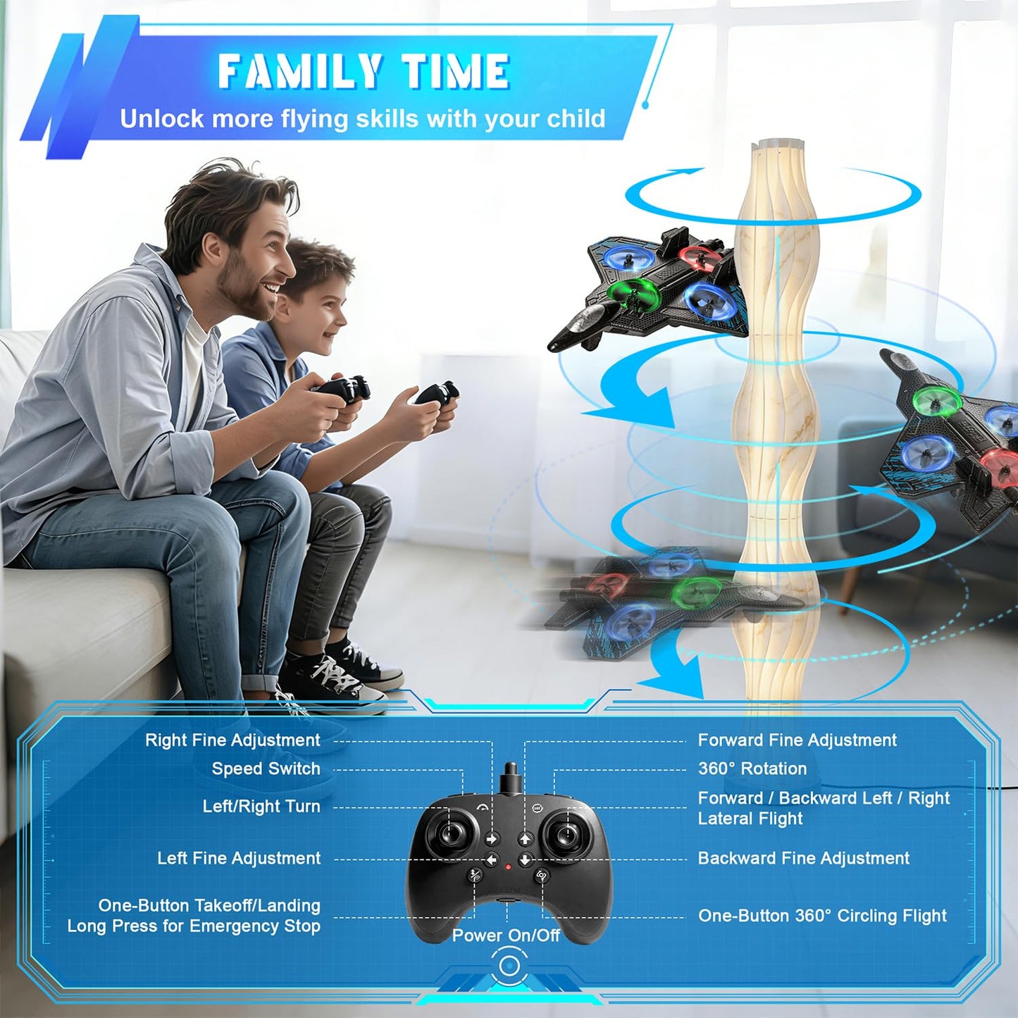 Merimon Foam RC Plane for Kids Adults, Remote Control Airplane with 4 Rechargeable Batteries, Cool Led Light and 360° Flip, Stunt RC Jet Plane Toy Gift for Kids 6+ (Blue-4 Batteries)