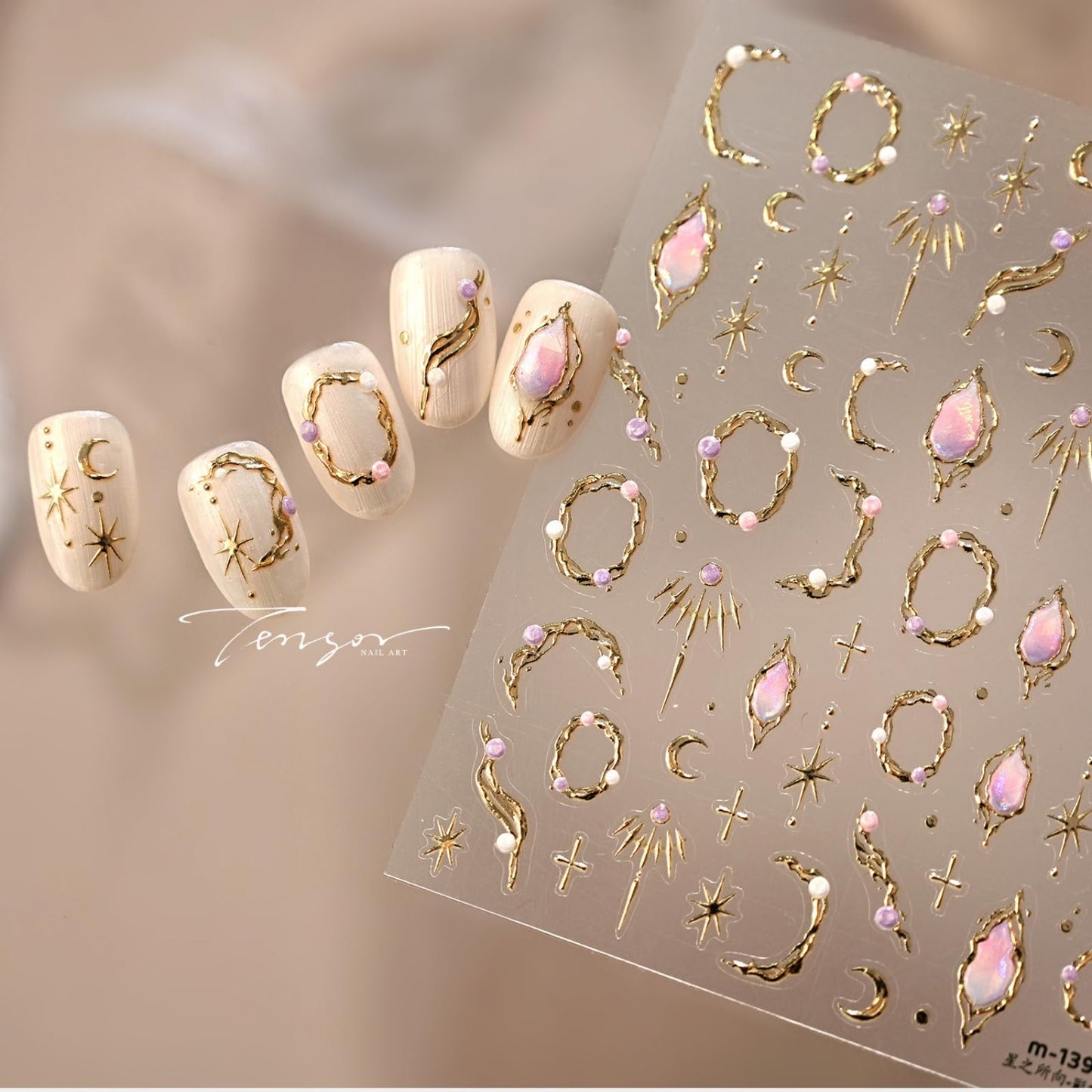 Gold Nail Stickers Star Moon Nail Art Stickers Gemstone Nails Decals Design 5D Embossed Self Adhesive Nails Charms Supply Decoration for Women 1 Sheets