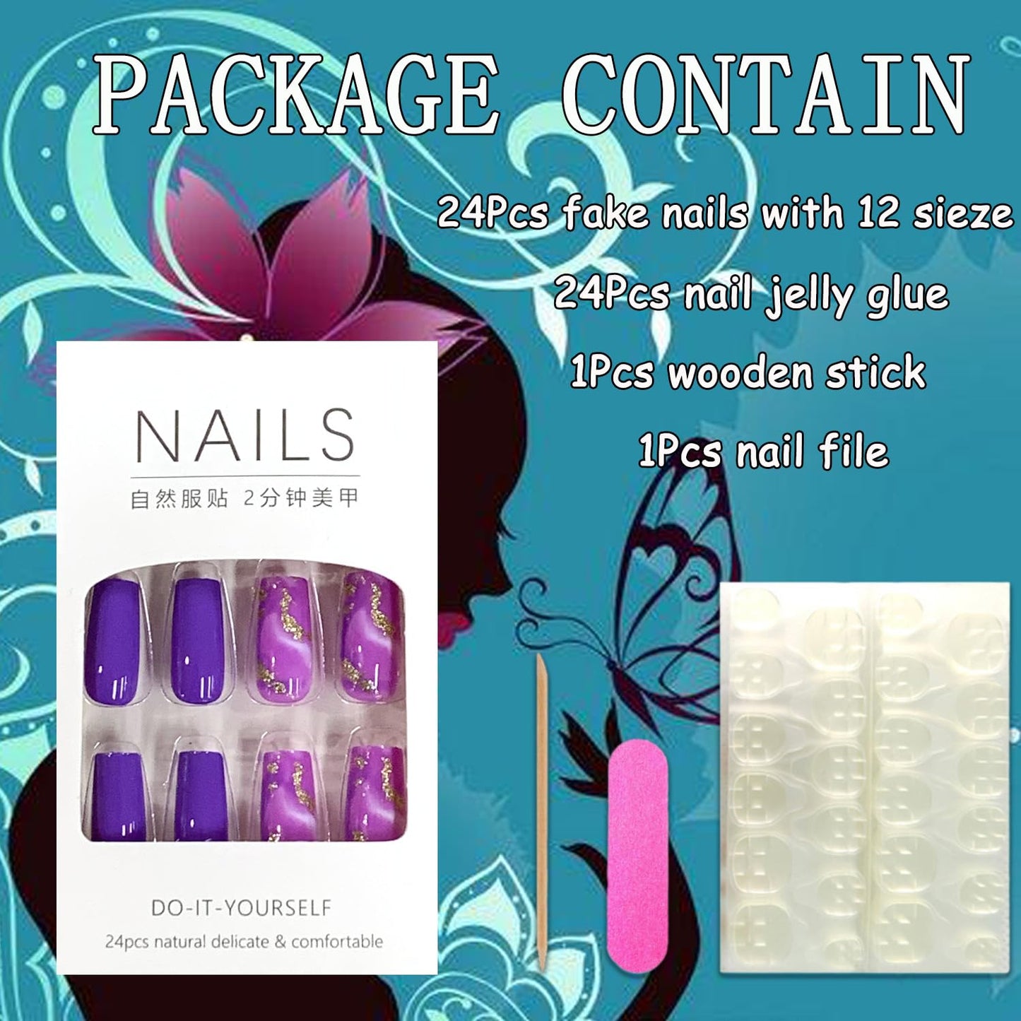 EYZOTSF Press on Nails Medium Square Shaped Acrylic Medium Square Shaped False Nails with Designs Artificial Short Coffin Fake Nails with Charms Glue ons Fingernails for Women Girls(A90102)