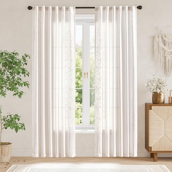jinchan Winslow White Linen Curtains for Bedroom 84 Inches Length Embroidered Bordered Floral Curtains for Living Room Farmhouse Decor Light Filtering Window Treatments White on White Drapes 2 Panels
