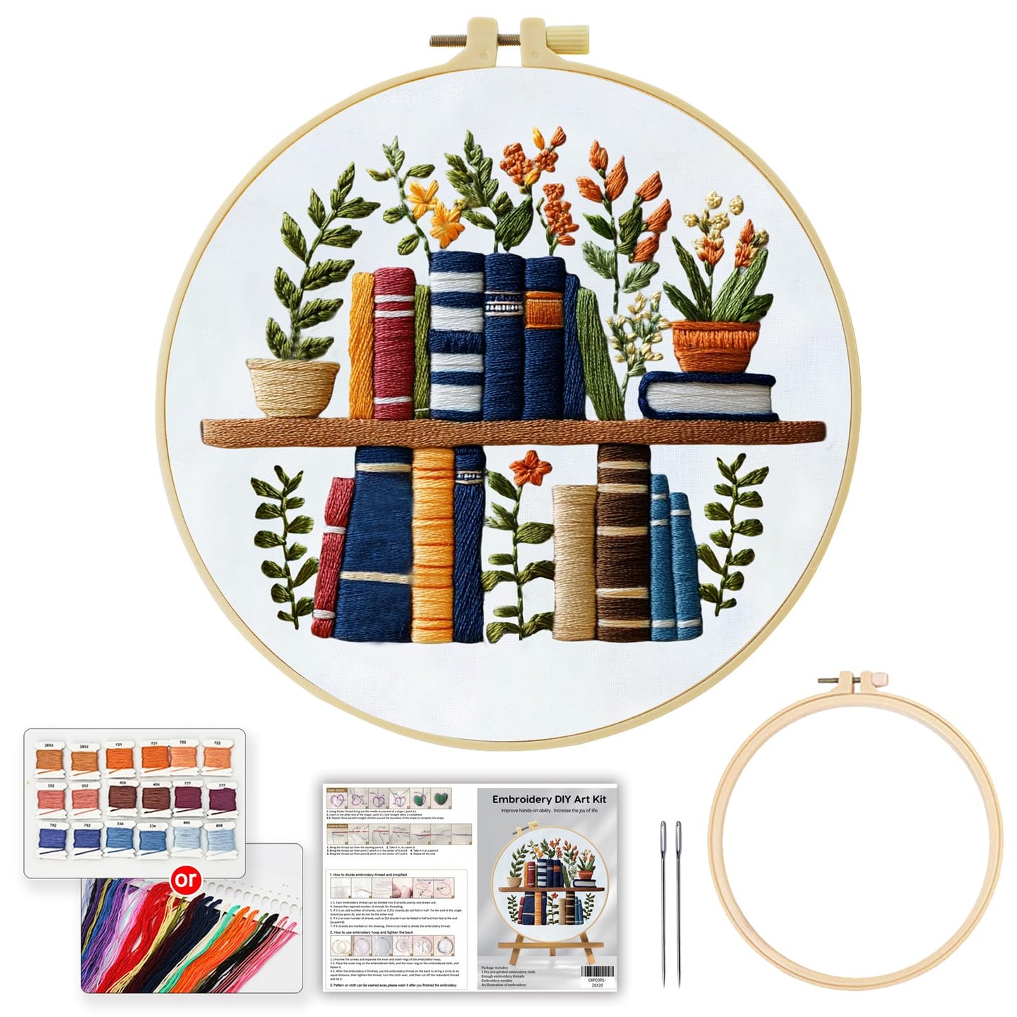 JOZYSH Beginners Stamped Books and Flowers Pattern Embroidery Kit Cross Stitch Kit Embroidery Starter Kit with Instructions, Embroidery Hoops for Home Ofiice Decor