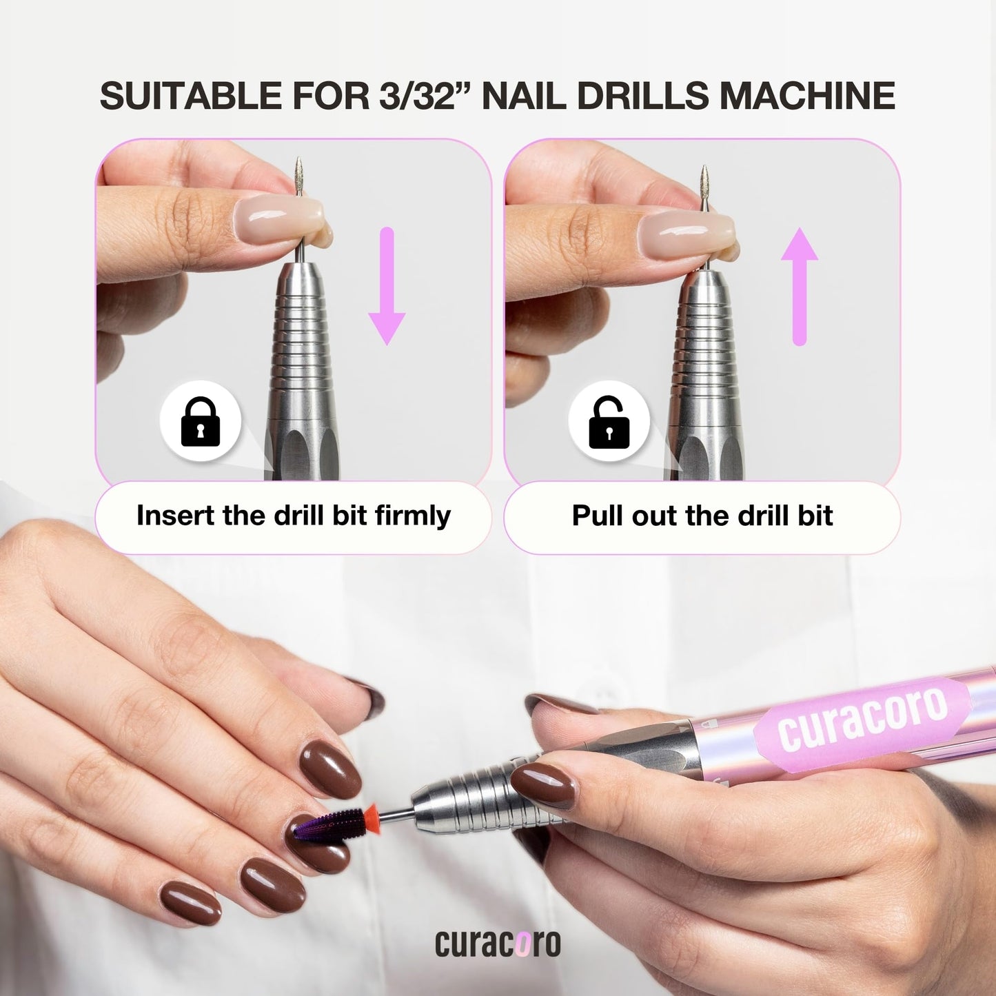 Curacoro Nail Drill Bits 3/32'' - L-Shape Smooth Stop Barrel Carbide Bit (Fine) for Professional Finish, Gently Remove, Buff & Polish Gel Nails, Nail Art Pedicure Manicure Salon & Home