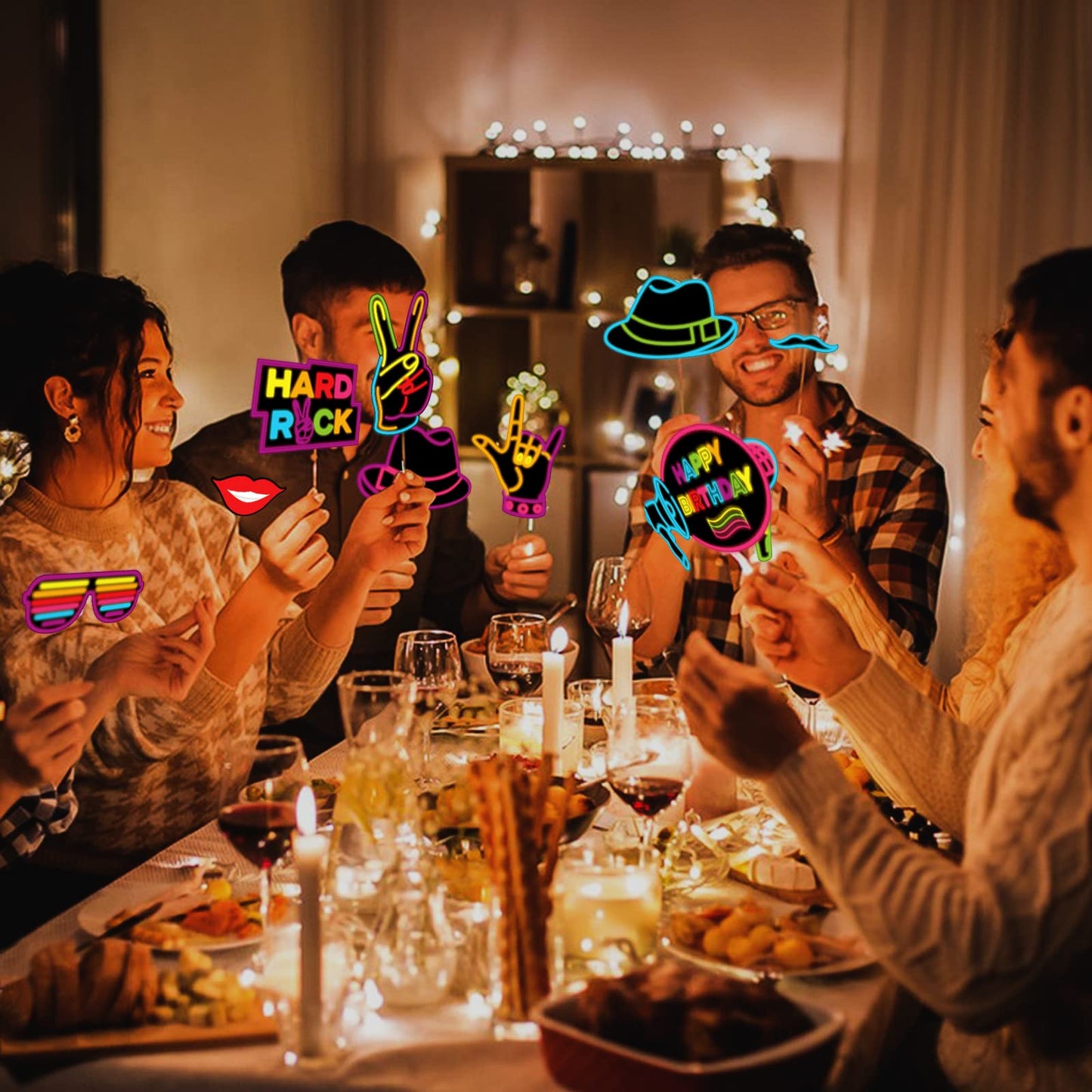 KEPATO 16 Pcs Glow Neon Photo Booth Props with Stick Fluorescent Neon Party Supplies for Birthday Disco Black Light Party ﻿