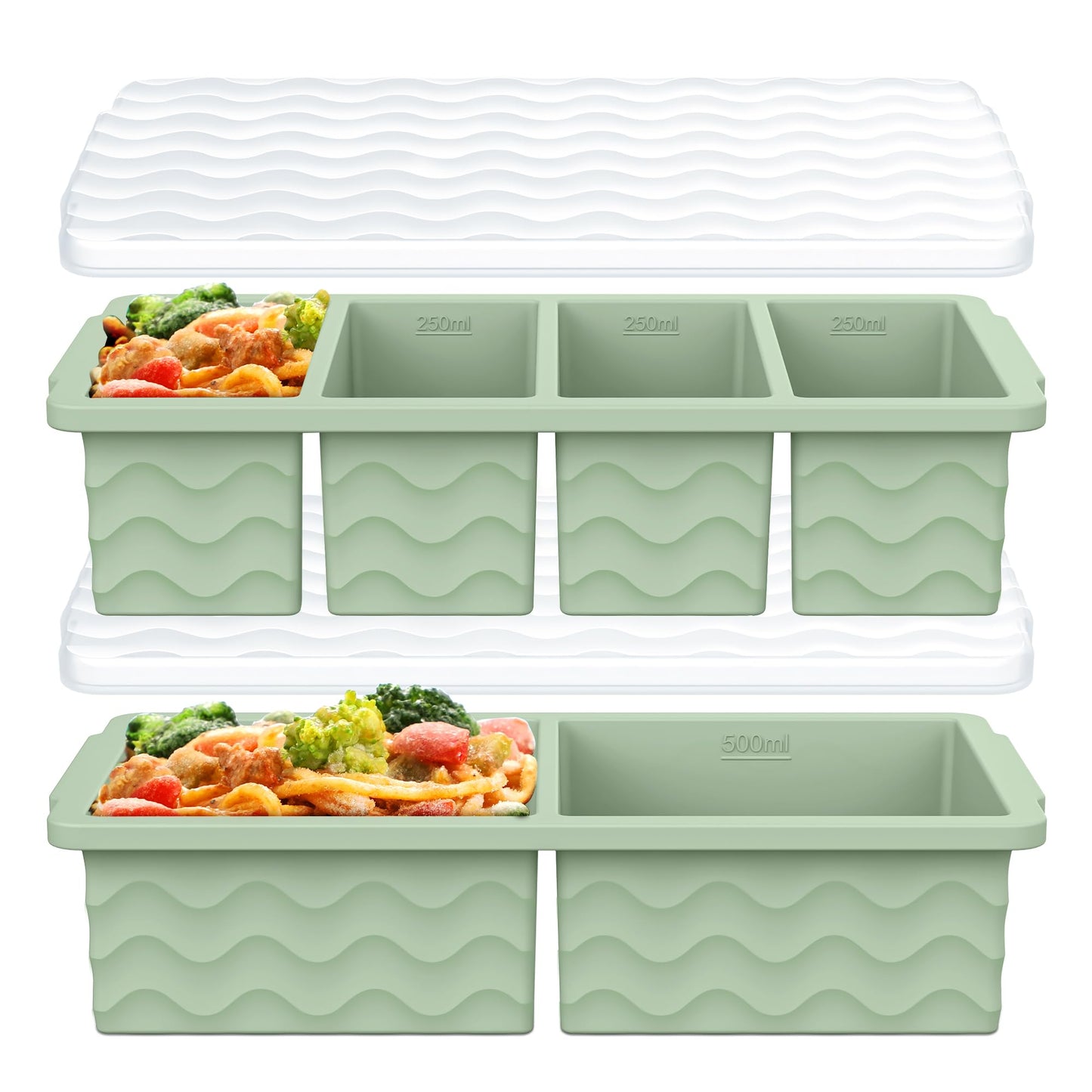 Silicone Freezer Molds for Soup with Lid, 1-Cup & 2-Cup Large Ice Cube Trays Food Storage Containers for Meal Prep, Freeze 250mL/125mL Portions – 2 Pack