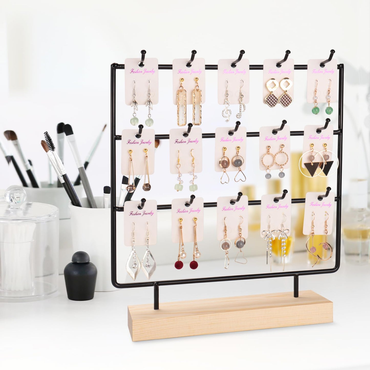 RUINENGDA Earring Display Stands for Selling 3 Tier 15 Hooks Jewelry Display Wooden Base Earring Holder Organizer Display Stand for Necklaces Rings Bracelets Keychains (Black)