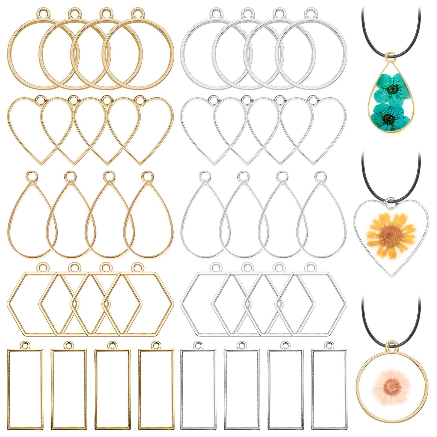 50pcs Open Bezel Pendants 5 Styles Hollow Bezel Pendants Open Frame Pendant Geometric Pressed Flower Frame for Resin Casting, Necklace, Earrings, Pressed Flower, DIY Crafts(K Gold,White K)