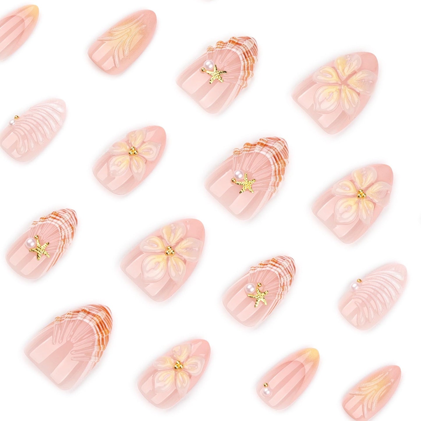 CTTHNBD Almond Press on Nails Short - Summer Fake Nails with Shell Starfish Design - French Tip, Flower False Nails for Women - 24 Pcs
