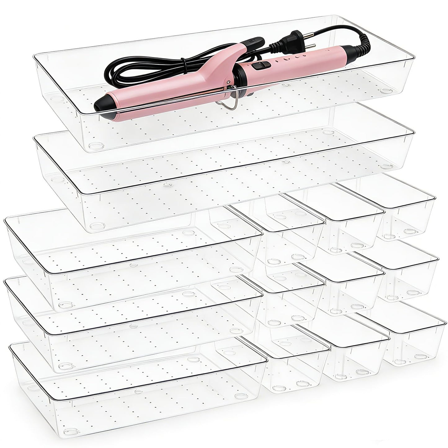 14 Pcs Clear Plastic Drawer Organizer Tray with 2 Pcs 15"x6" Extra Large Trays, Multi-Purpose Storage Bins for Vanity, Makeup, Kitchen Utensils, Bathroom, Office Desk, Auto Tools & Craft Supplies