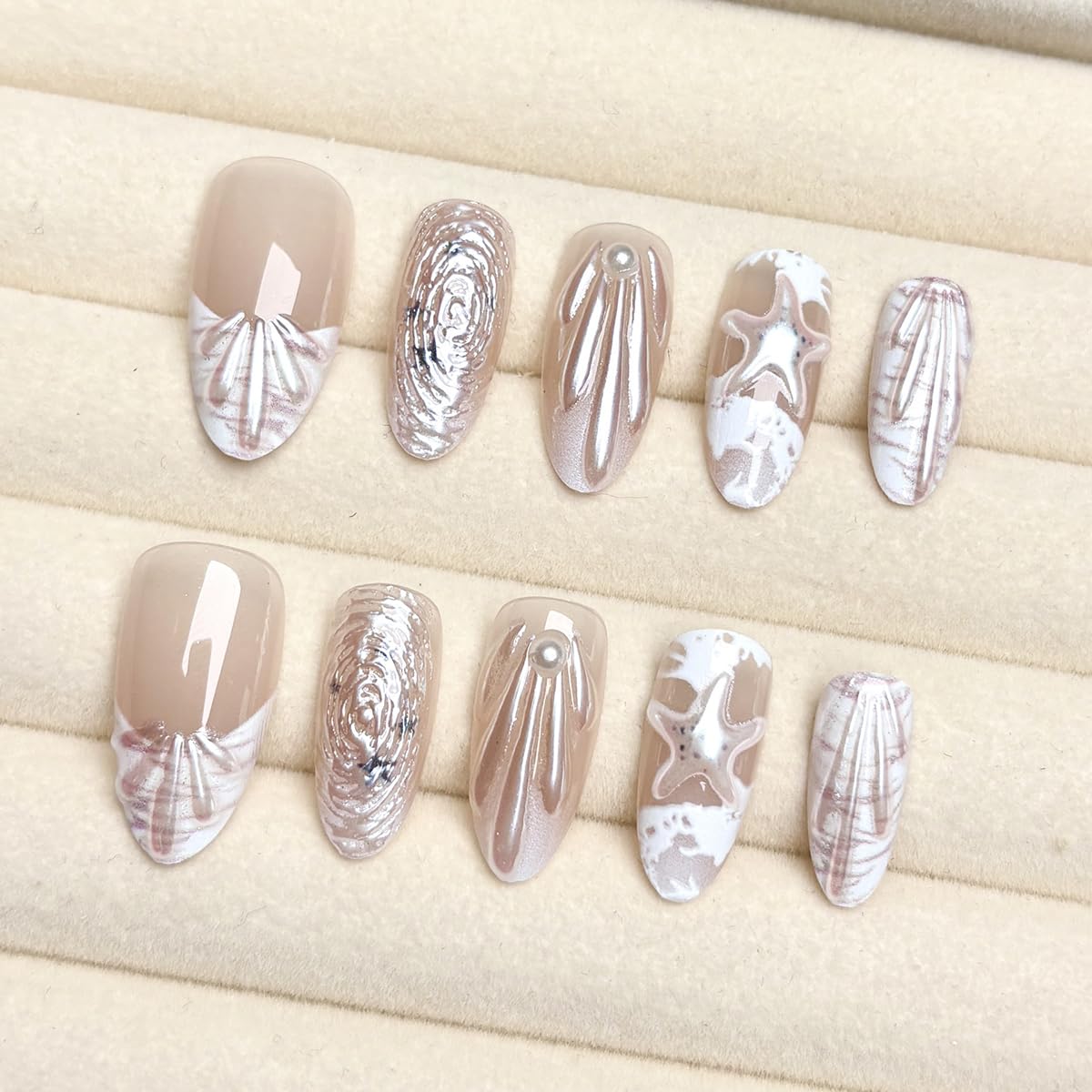30Pcs Summer Press on Nails Medium Almond Fake Nails with 3D Starfish Water Ripple Designs Ocean Shell French Tip False Nails White Sea Wave Acrylic Nails Beach Vacation Stick on Nails for Women Girls
