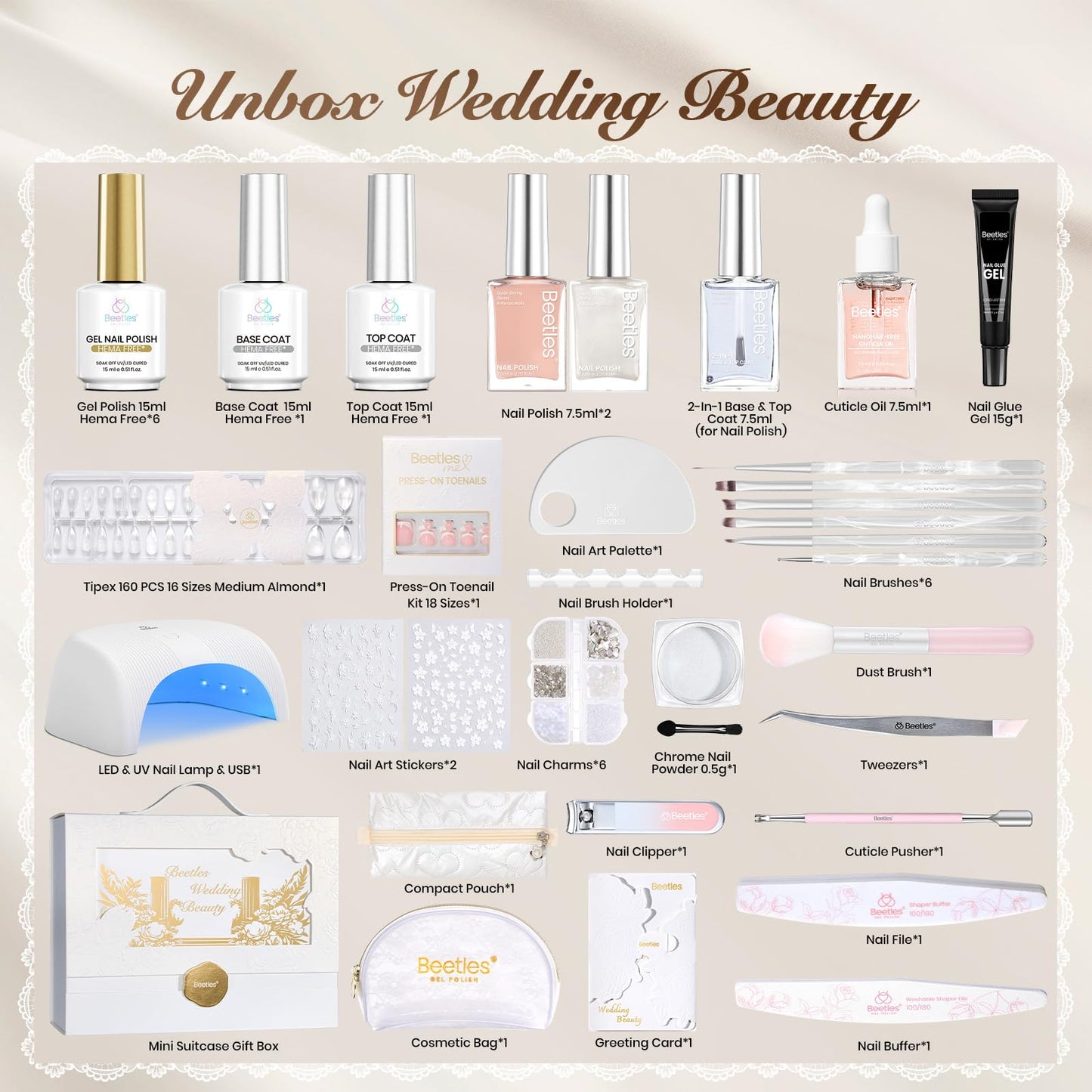 Beetles Gel Nail Polish Kit with UV Light - Wedding Beauty French Manicure Kit, 15ml UV LED Soak Off French Tip Gel Polish Set with Nail Tools Nails Decoration
