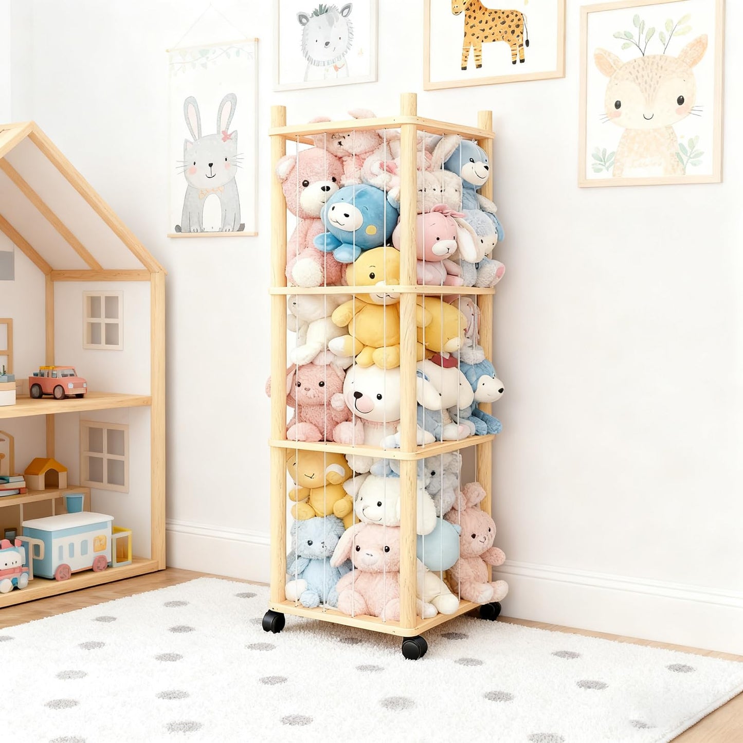 Vercxlyra Stuffed Animal Zoo Storage - Sturdy Solid Wood Toy Organizer with Lockable Wheels, Easy-Assemble/Clean, Large Capacity Plush Toy Cage, Space-Saving for Toddler/Playrooms/Bedrooms