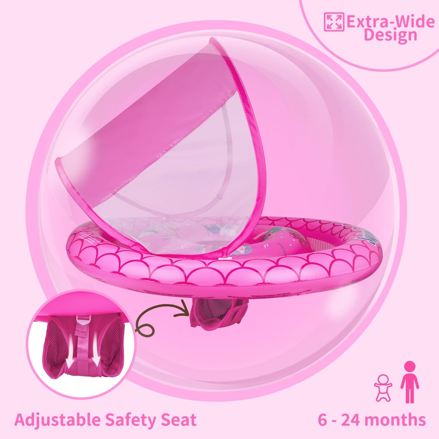 Swimbobo Baby Pool Float Ring with Adjustable Sun Canopy and Safety Seat Pool Toy for Age of 6-36 Months (Red Mermaid)