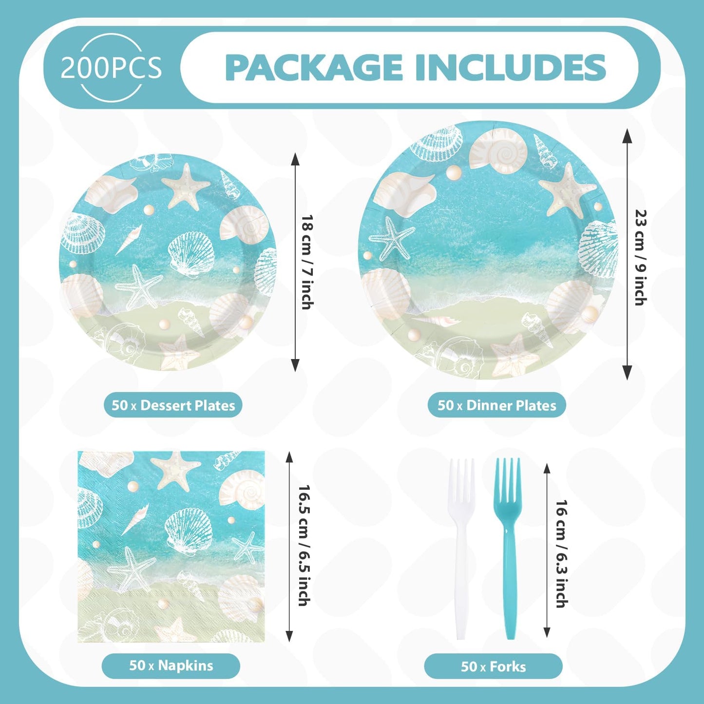 Greencian 200Pcs Seashell Beach Party Decorations Beach Seashell Starfish Plates and Napkins Disposable Ocean Themed Party Tableware Sets for Birthday Baby Shower Wedding Supplies Serves 50