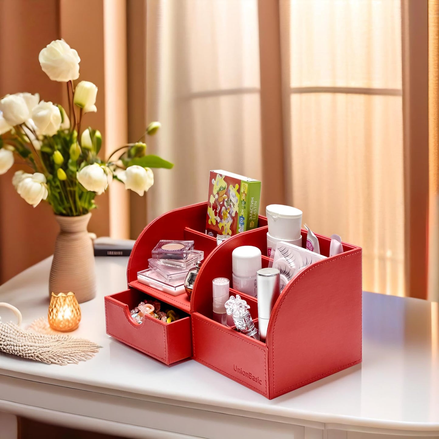 UnionBasic Desk Organizer - Multifunctional Leather Desktop Pen Holder Storage Box - Business Card/Pen/Pencil/Mobile Phone/Stationery Holder, Red